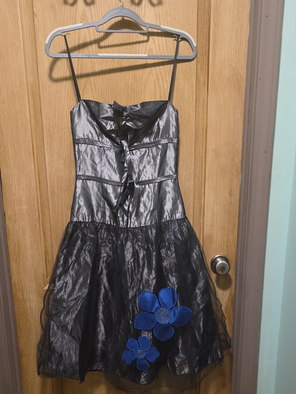 Girls Black Formal Dress with Blue Floral Accents